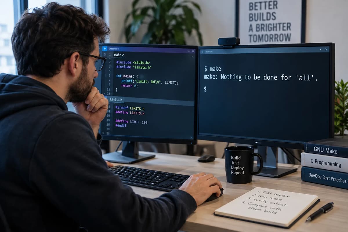 DevOps engineer reviewing GNU Make header dependencies and comparing incremental build output with a clean build at a workstation.