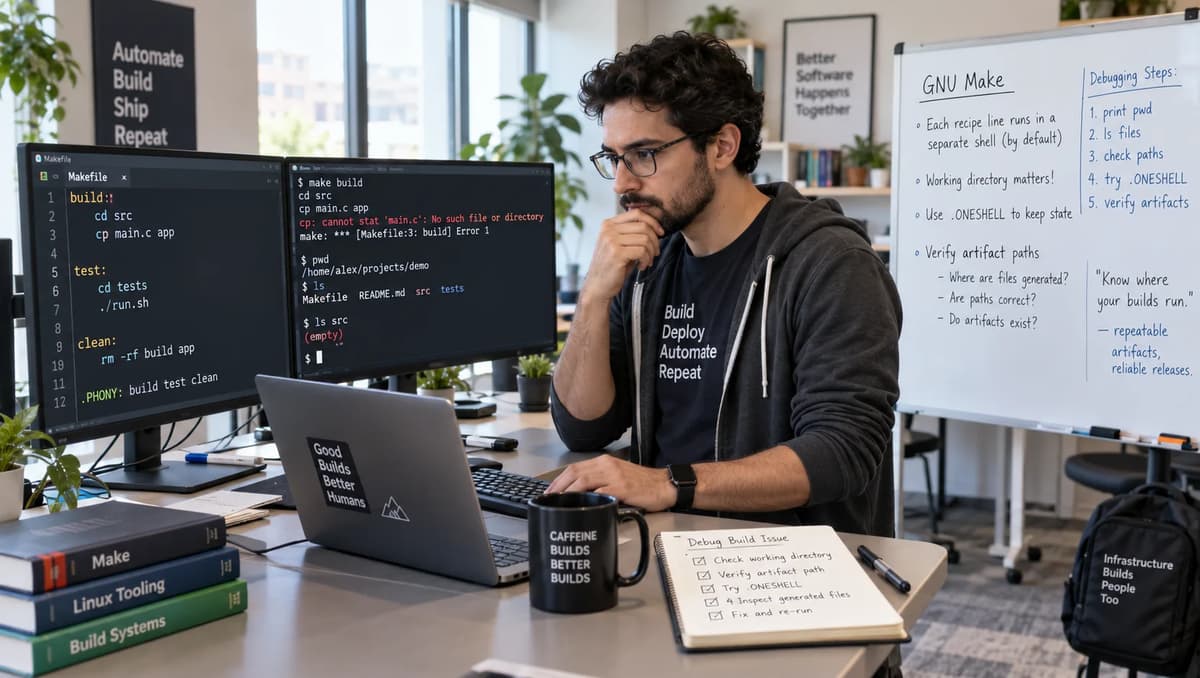 DevOps engineer debugging a GNU Make recipe and verifying the working directory and build artifact on multiple screens