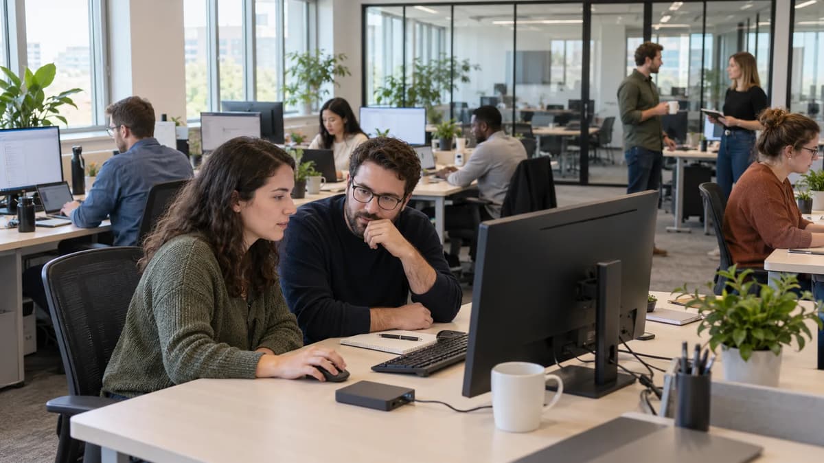 Two colleagues reviewing a backup restore at a workstation with an external drive, while coworkers work in an open-plan office.