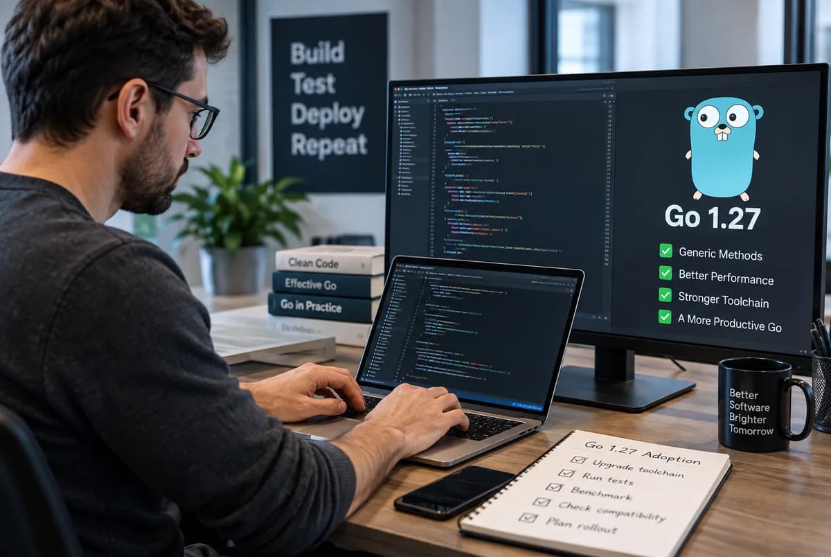 Developer working on Go code at a laptop beside a monitor displaying a Go 1.27 adoption checklist.