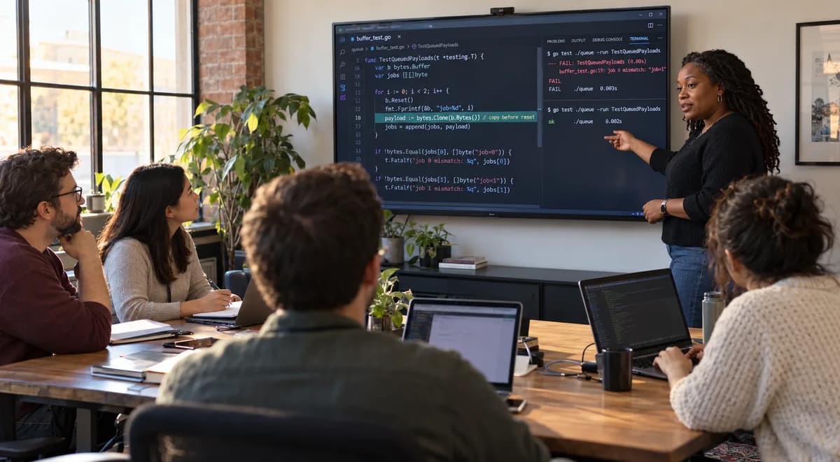 Software engineer demonstrating how to copy Go buffer bytes before reuse during a code review with four colleagues.