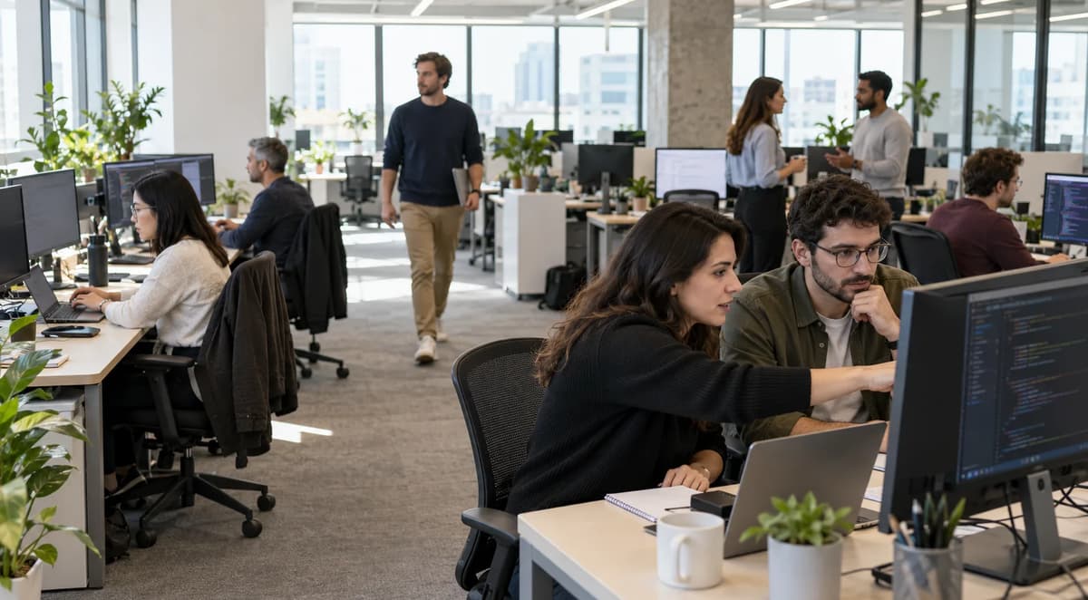 Two developers reviewing code at a shared workstation while colleagues work in a bright open-plan office.