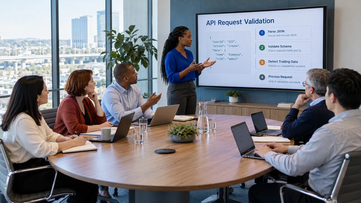 A team of six reviewing an API request validation workflow during a project presentation.