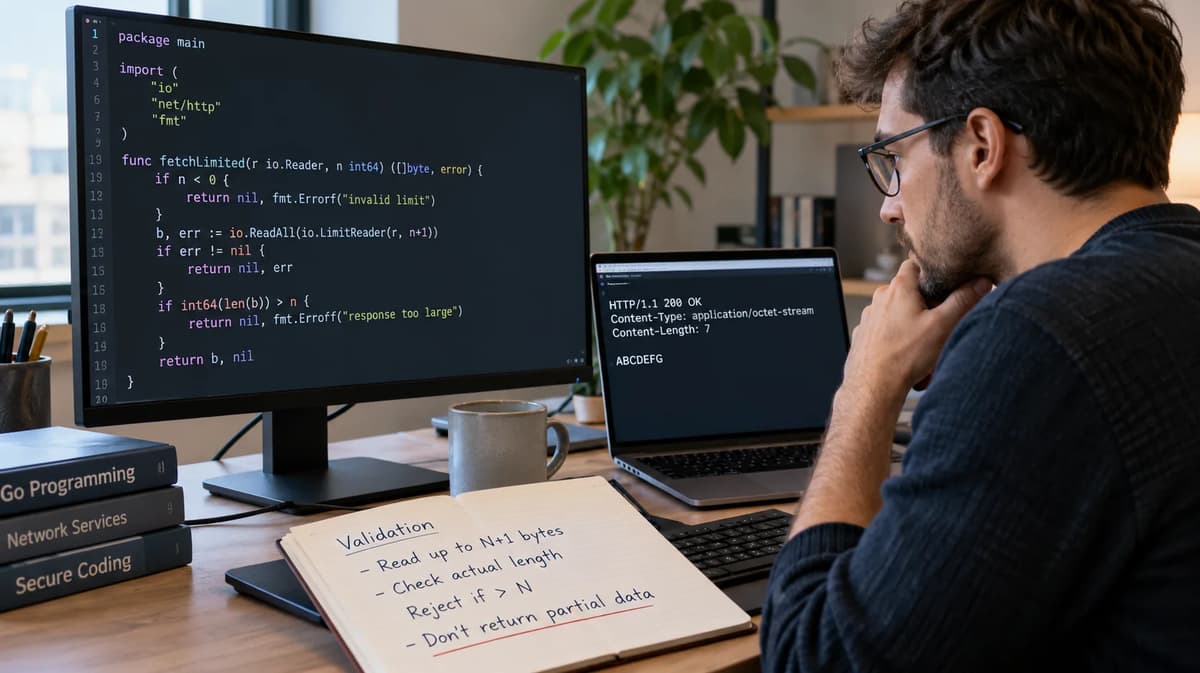 Developer reviewing Go LimitReader code and an oversized HTTP response on dual monitors
