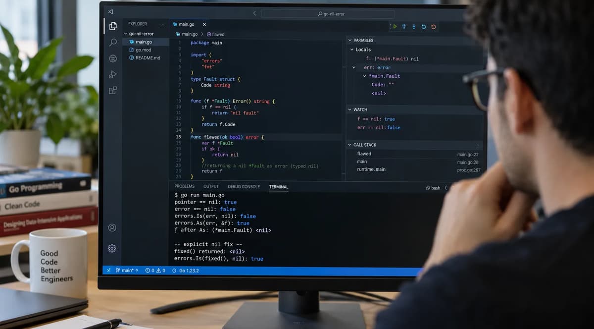 Two software engineers debugging a Go typed nil error interface and reviewing validation results on dual monitors.