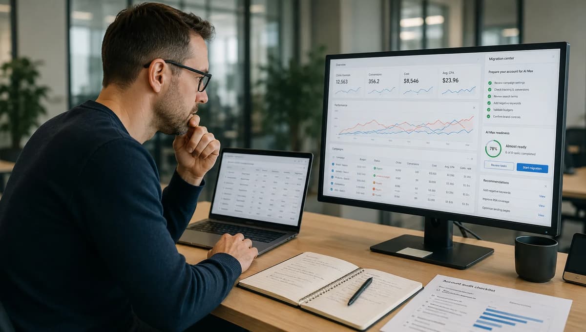 SEO and SEA specialist auditing Google Ads campaign settings before an AI Max migration