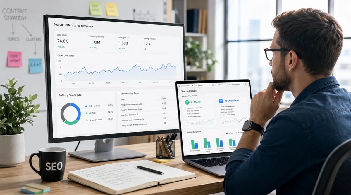 SEO specialist at work comparing Google AI Mode and AI Overviews performance dashboards on two screens