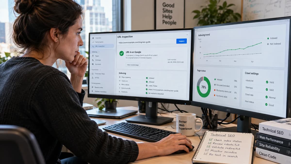 Technical SEO specialist reviewing Google URL indexing, robots.txt, noindex, and removal status on dual monitors