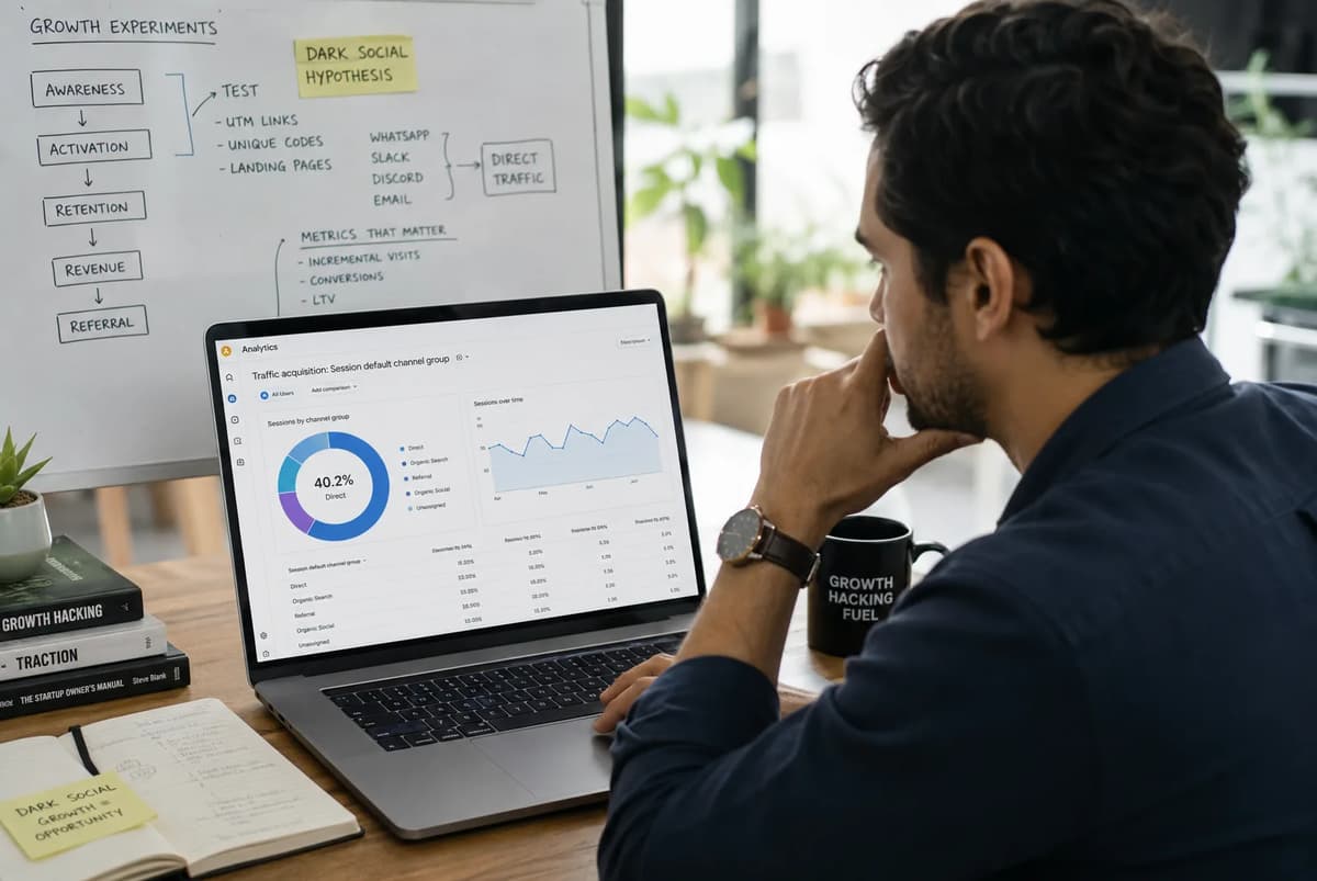 Growth hacker analyzing direct traffic and dark social attribution data on a laptop in a modern workspace