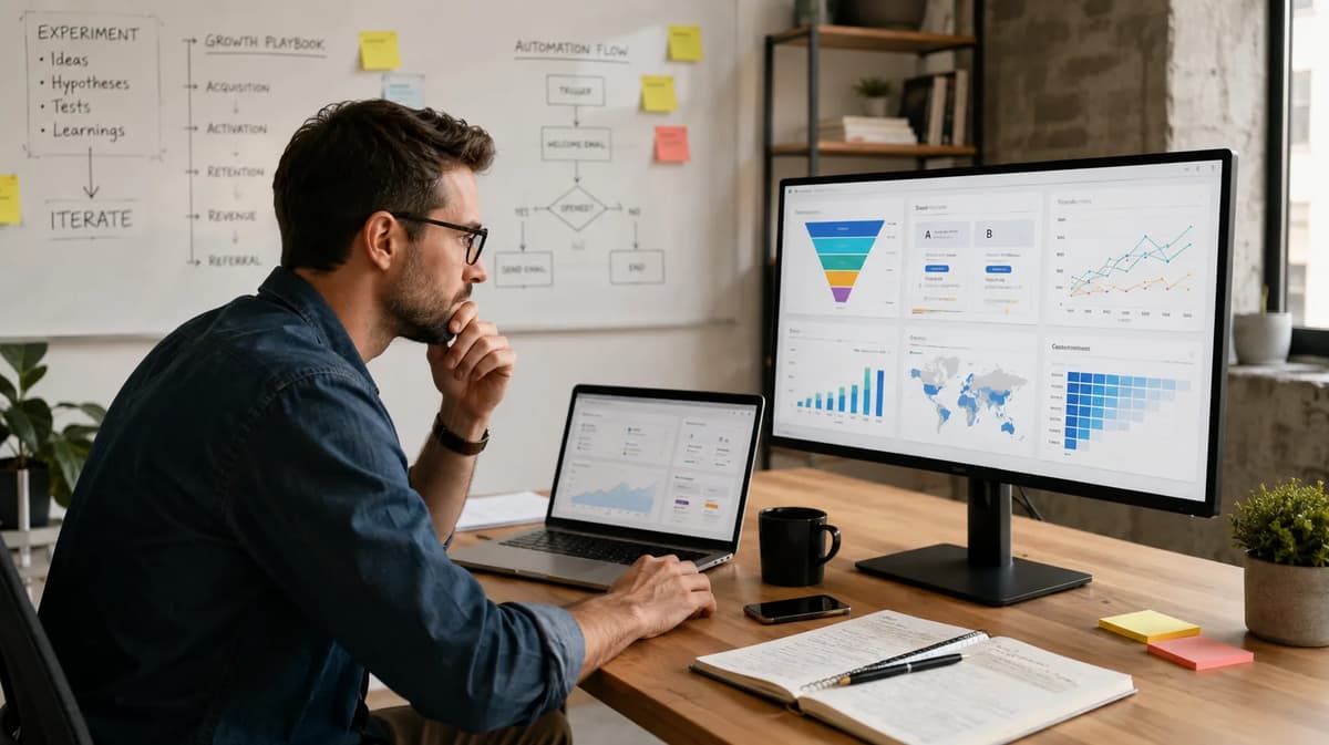 Growth marketing professional analyzing A/B tests, funnel metrics, and automation workflows on office dashboards