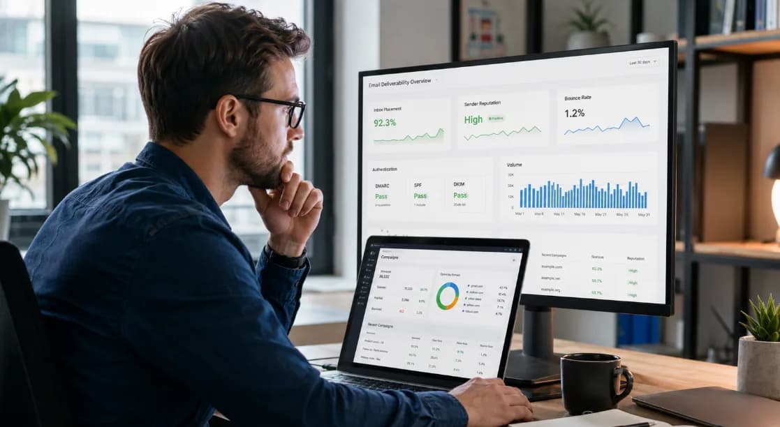 Growth marketer reviewing DMARC, SPF, DKIM, sender reputation, and cold email deliverability metrics on office screens