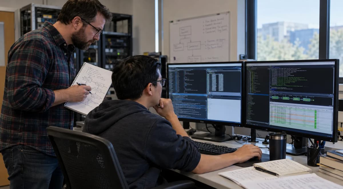 Two system administrators reviewing terminal output and handwritten validation notes at a dual-monitor workstation.