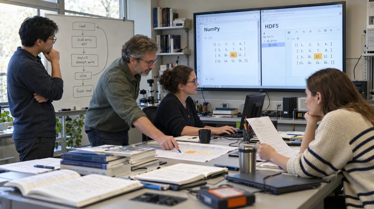 Four data engineers comparing NumPy arrays with stored HDF5 dataset values during a writeback validation review.