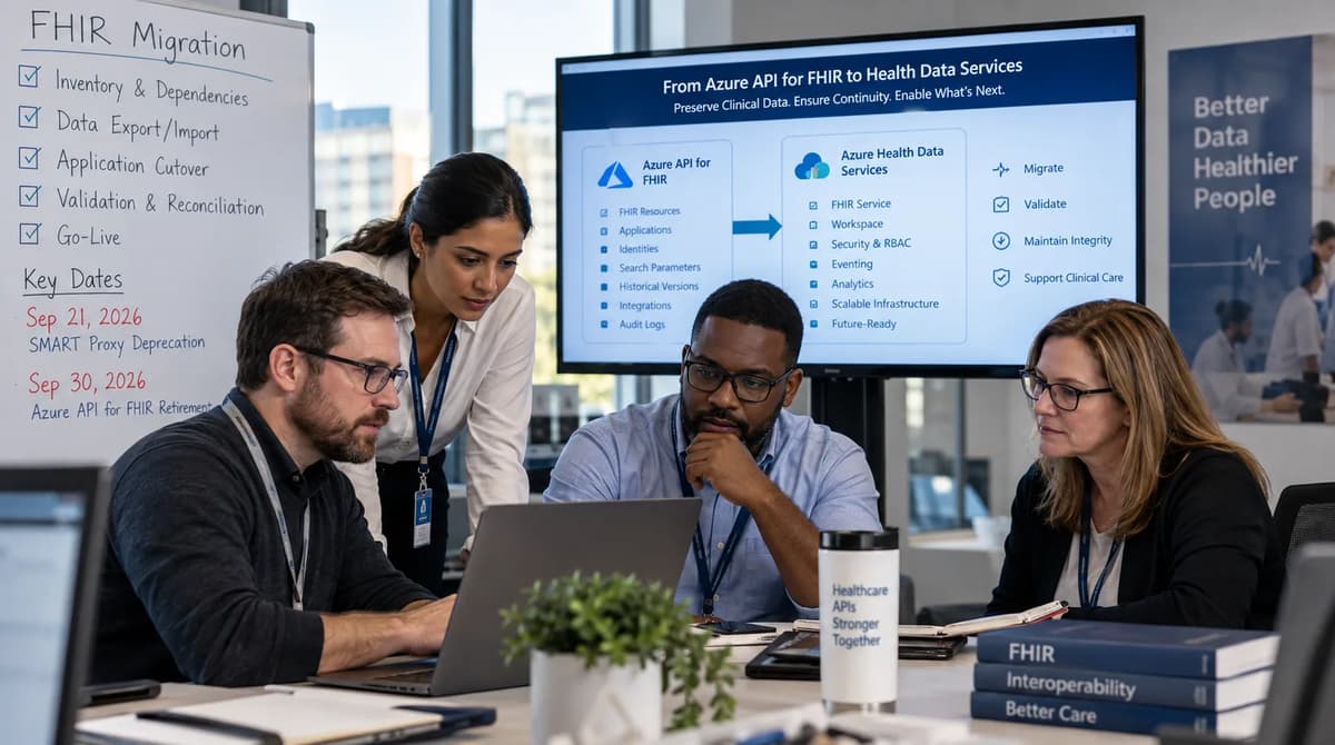 Healthcare API engineers reviewing FHIR data reconciliation, SMART authorization, application cutover, and Azure Health Data Services migration evidence