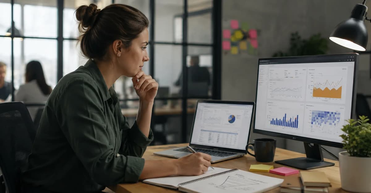 Growth marketing manager analyzing performance dashboards and planning funnel experiments in a modern office