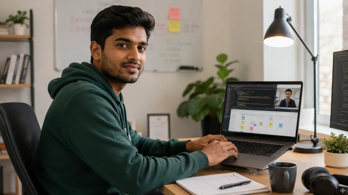Young professional working on a virtual tech internship project with online mentor support
