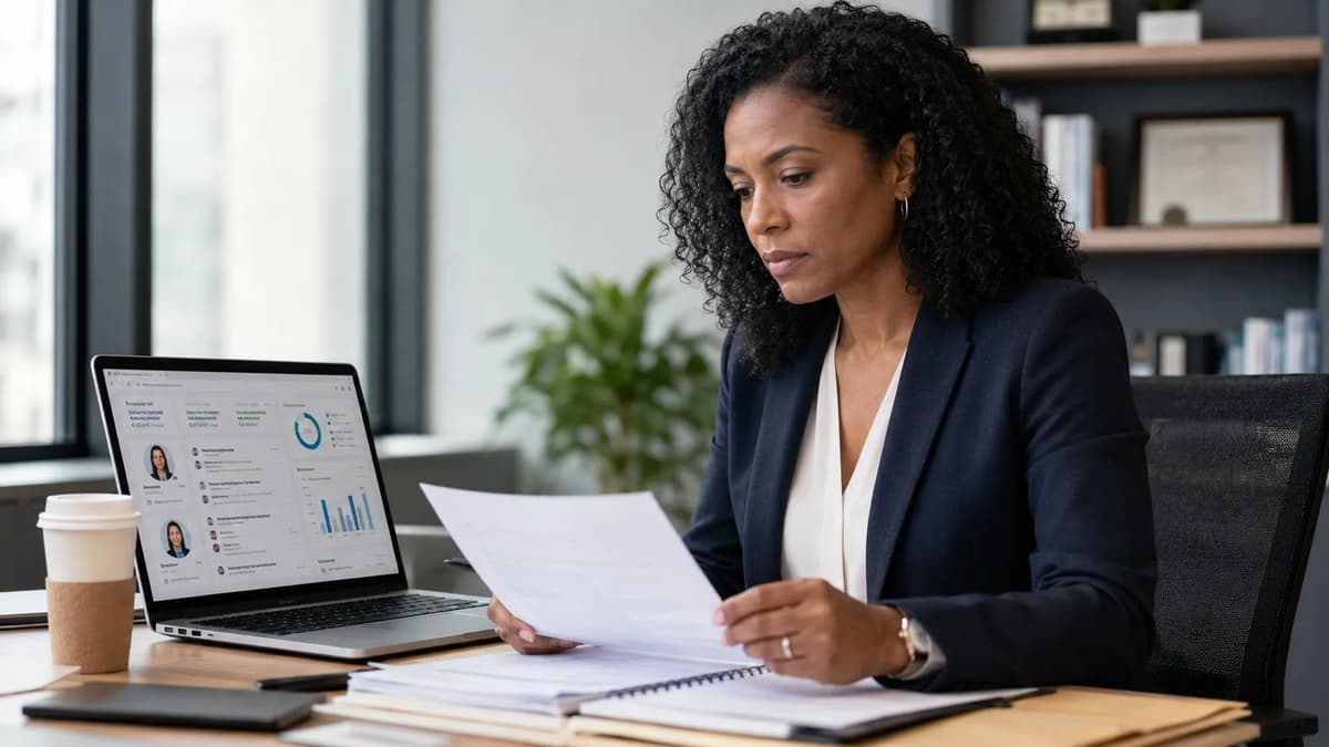 HR compliance professional reviewing AI hiring screening data and candidate documents in a modern office