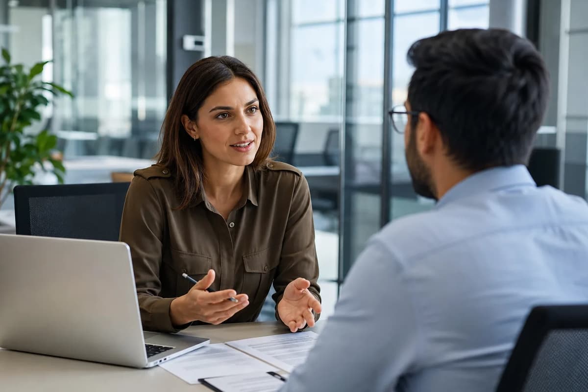 HR professional discussing workforce strategy with a colleague during a modern office meeting
