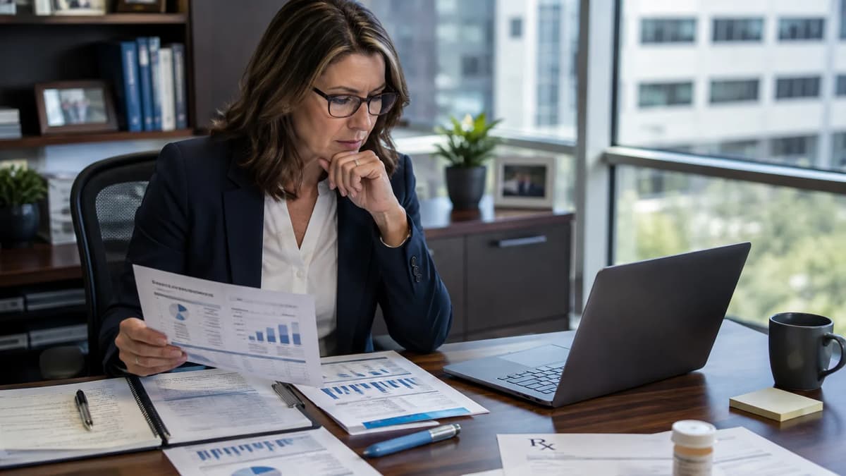 Text: HR manager reviewing GLP-1 drug coverage costs and employer benefits reports in a modern office
