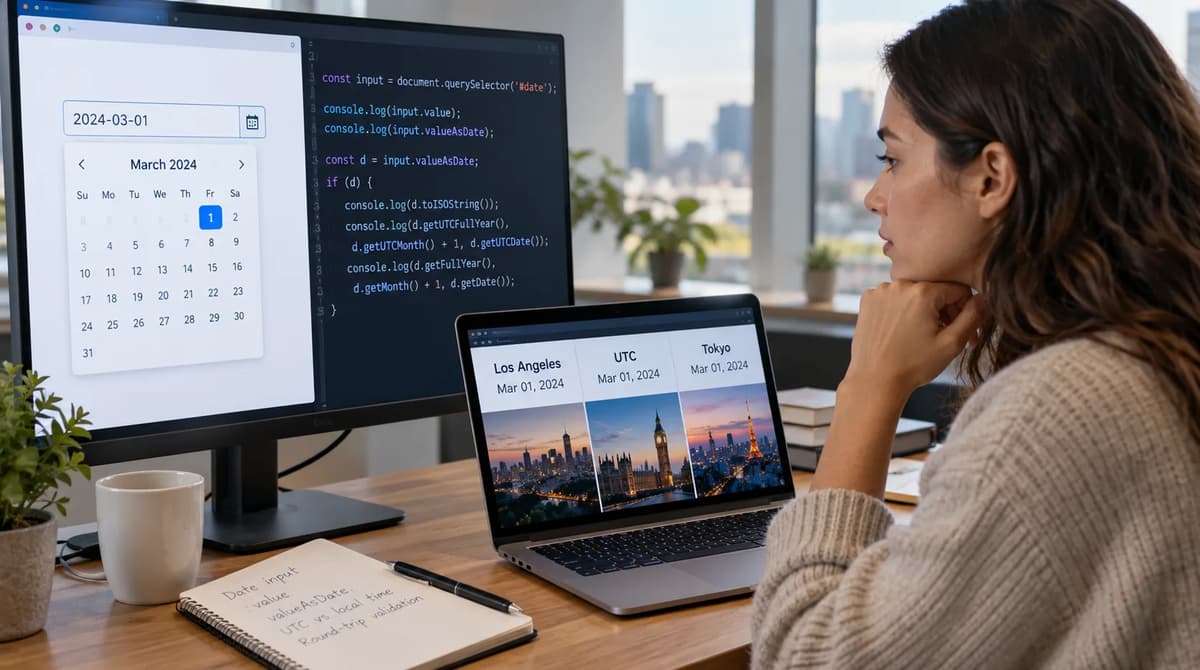 Frontend developer debugging an HTML date input across UTC, Los Angeles, and Tokyo time zones