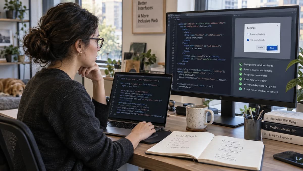 Frontend accessibility engineer testing a native HTML modal dialog, keyboard focus states, and focus-return behavior on dual screens.