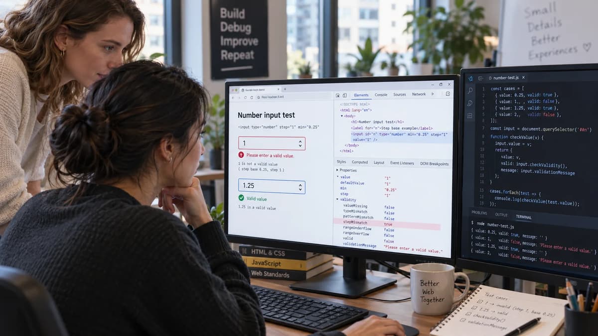 Frontend developer debugging an HTML number input, comparing step-base attributes and validation results in browser developer tools.