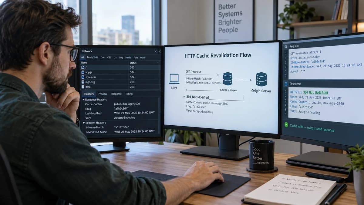 Software engineer validating HTTP cache revalidation headers and 304 responses across multiple monitors