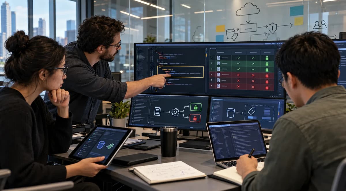 Cloud security engineers reviewing an IAM ForAllValues policy matrix for missing request context values