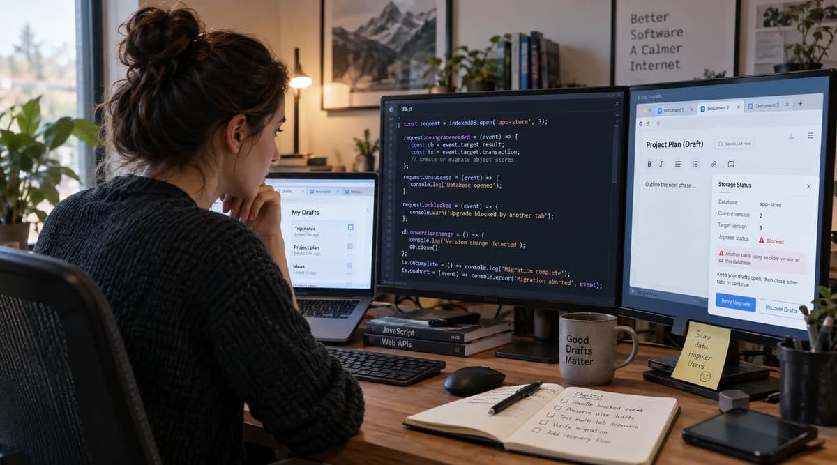 Frontend developer troubleshooting a blocked IndexedDB schema upgrade across multiple browser tabs