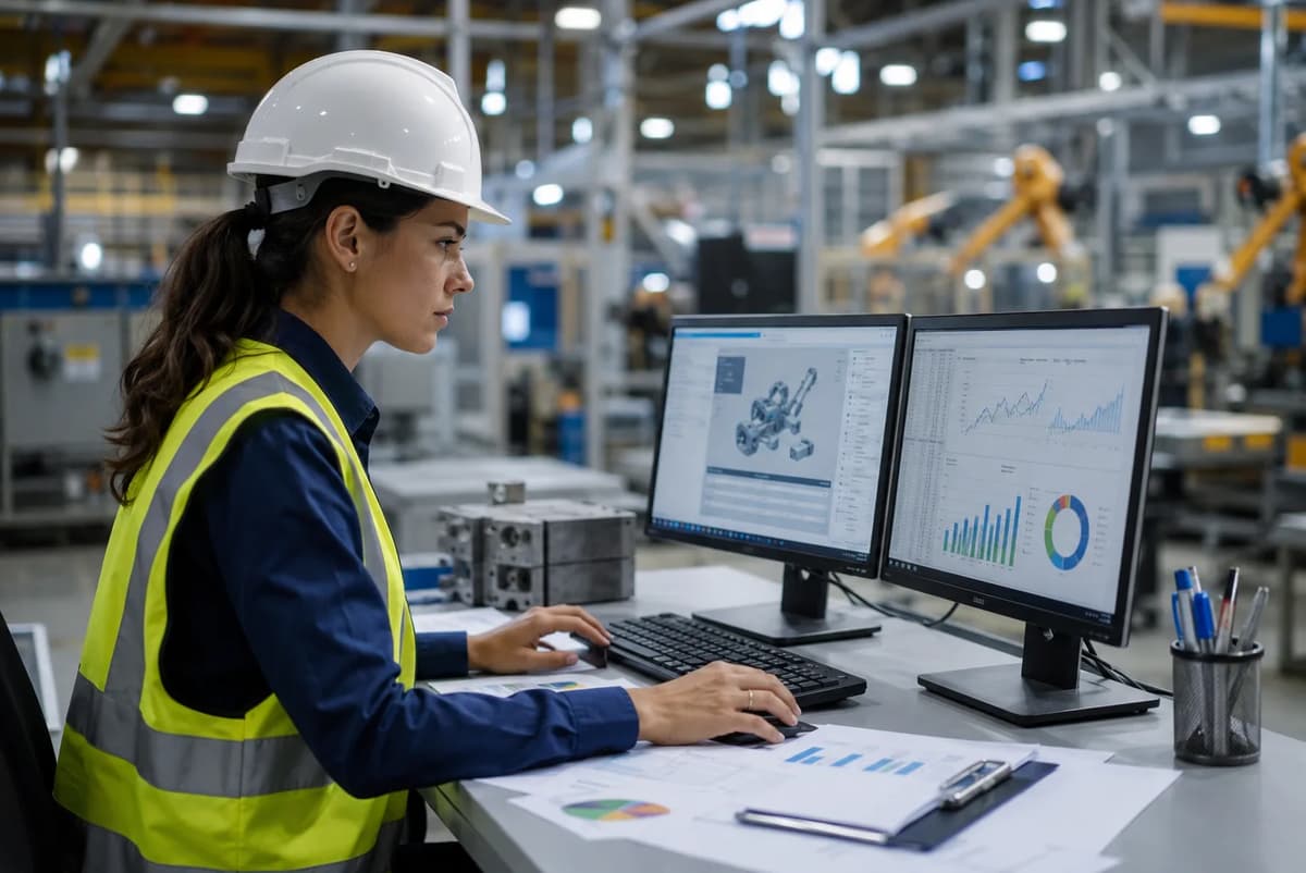 Industrial engineer analyzing manufacturing performance data at a workstation inside a modern factory