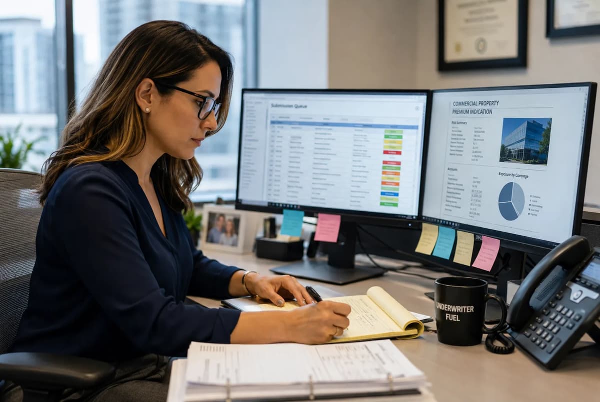 Insurance underwriter reviewing commercial risk documents with colleagues in an office