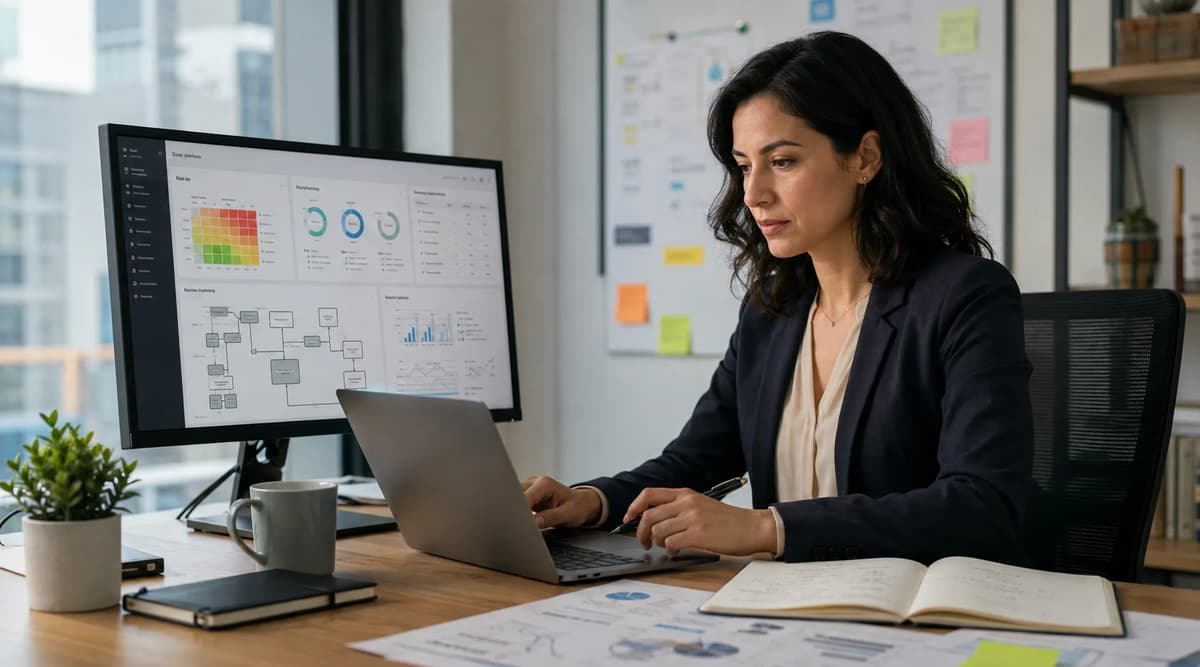 AI governance specialist reviewing risk assessments, compliance workflows, and model monitoring dashboards in a modern office