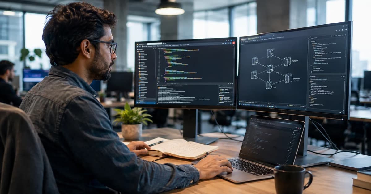 Blockchain developer writing smart contracts and reviewing protocol architecture on multiple monitors in a modern office