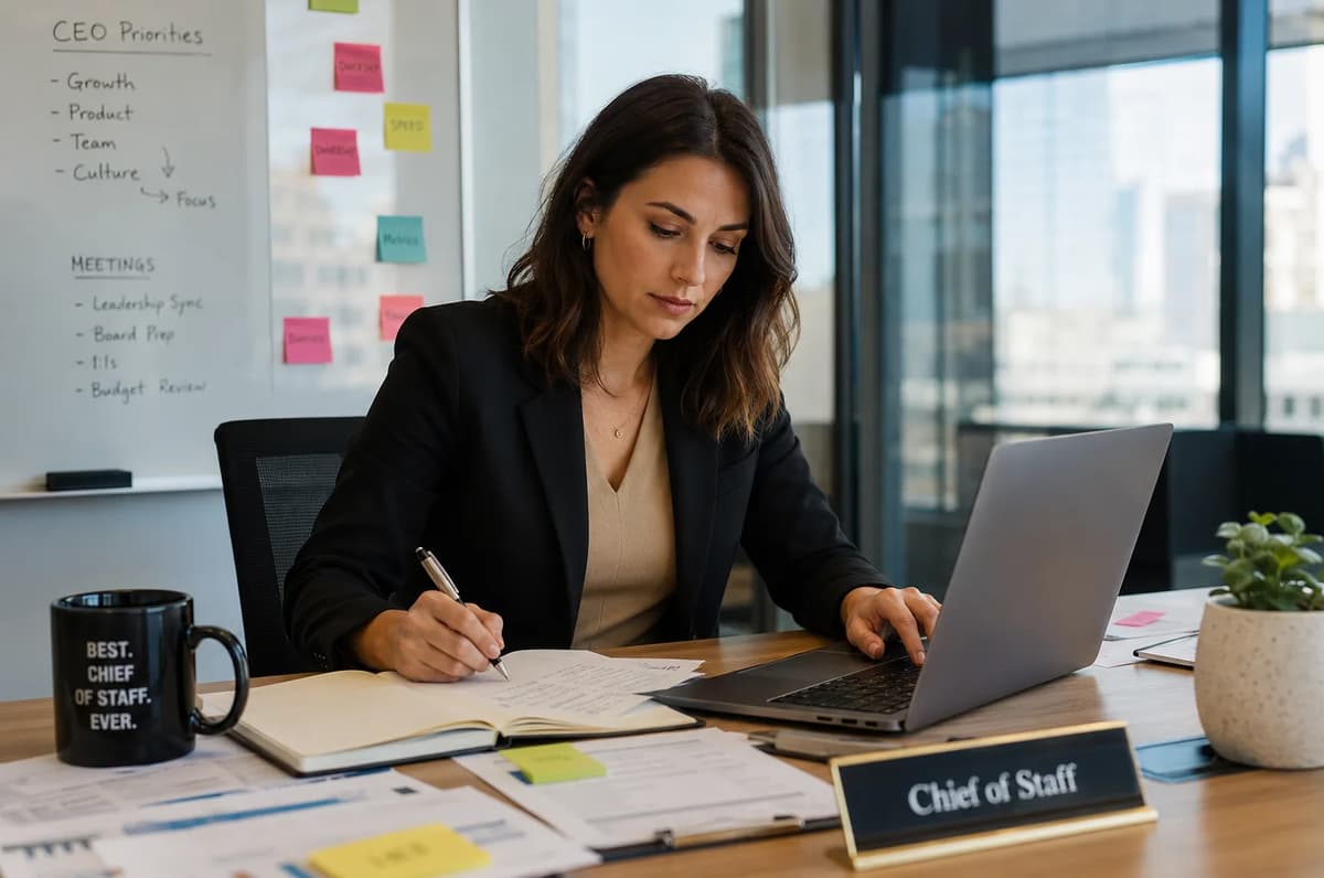 Chief of Staff reviewing CEO priorities and strategic plans in a modern office
