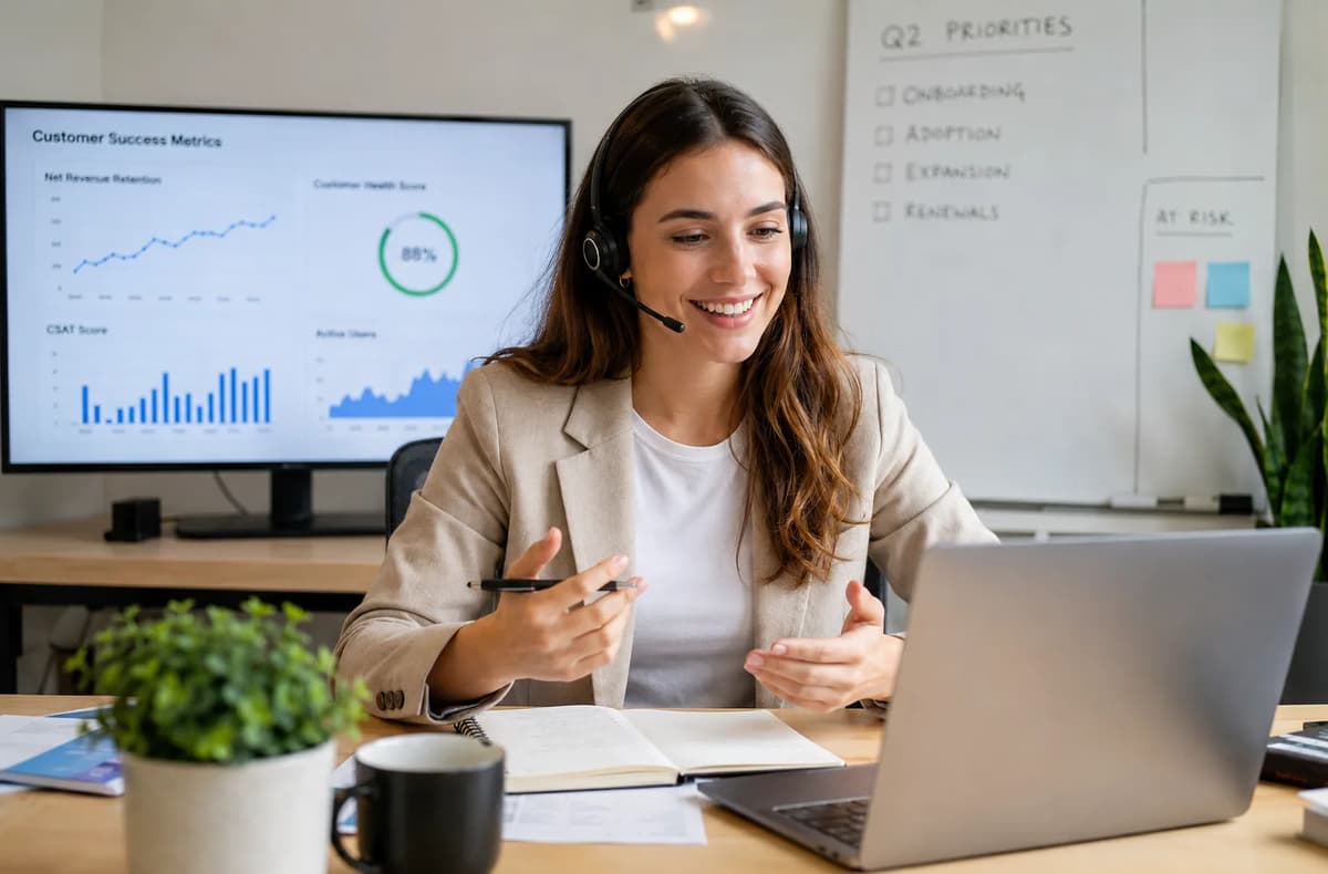 Customer Success Manager on a video call reviewing customer health, retention, and onboarding metrics in a modern office.