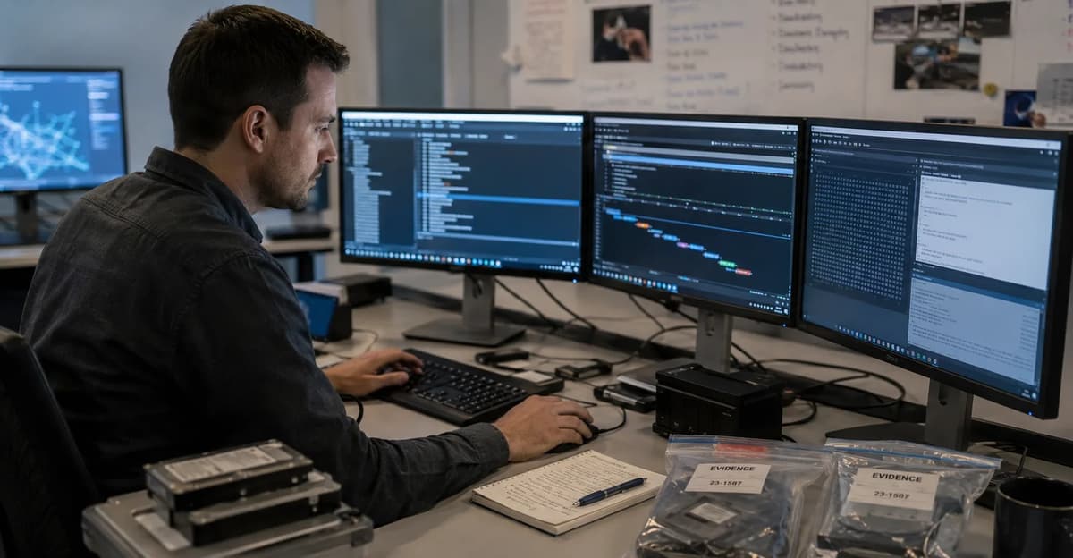 Digital forensics analyst examining electronic evidence on multiple monitors in a professional forensic laboratory