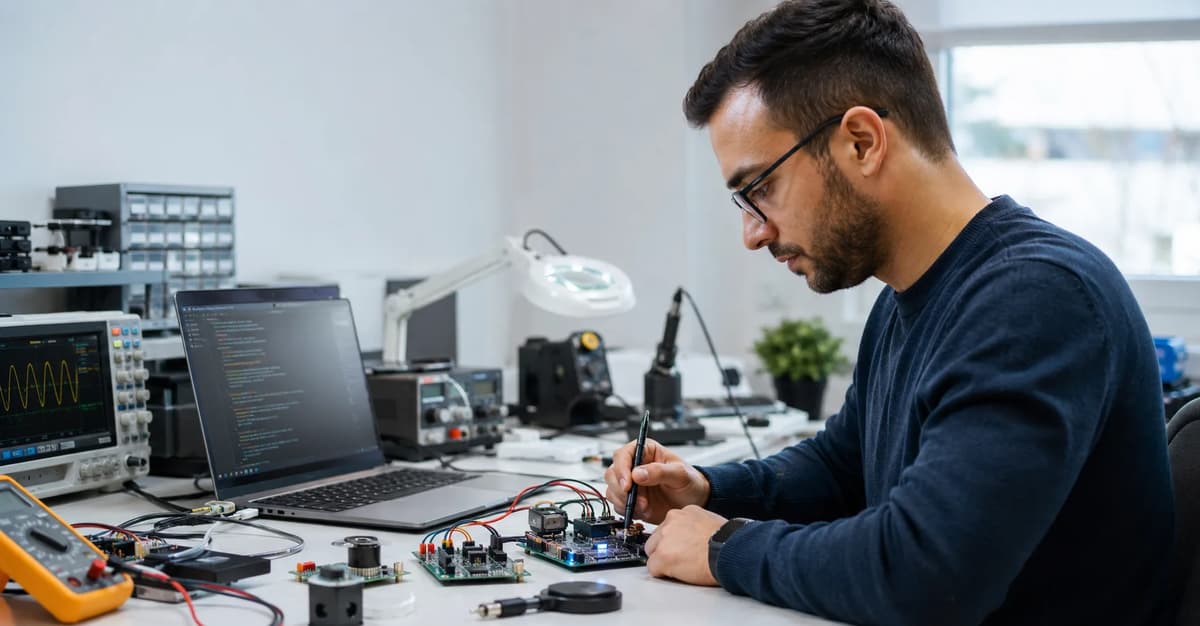 Embedded systems engineer testing firmware and circuit boards at a professional electronics workbench