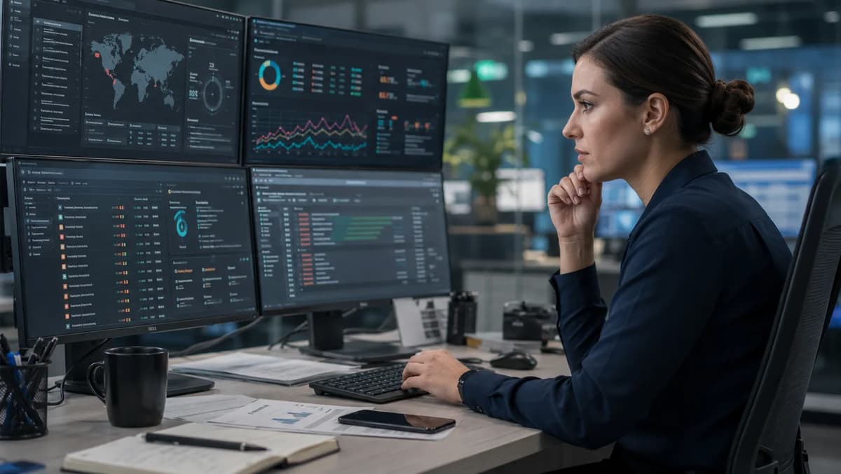 Fraud analyst reviewing suspicious transaction alerts and risk dashboards in a modern fintech office