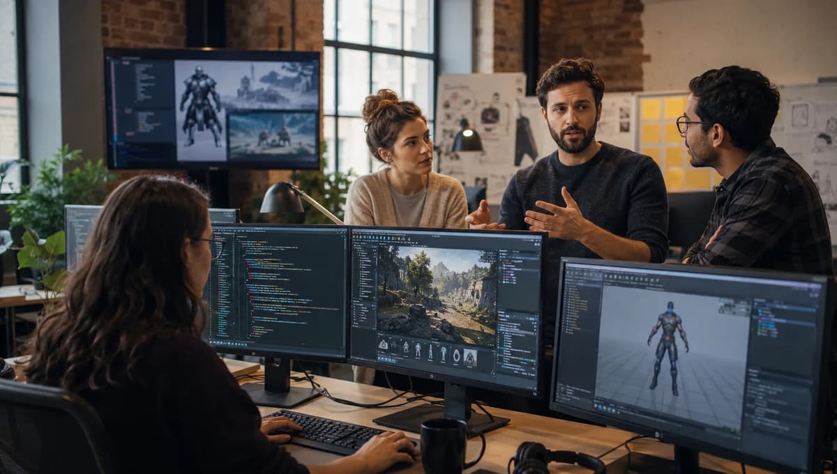 Game developers collaborating on code, 3D environments, and character design in a professional studio