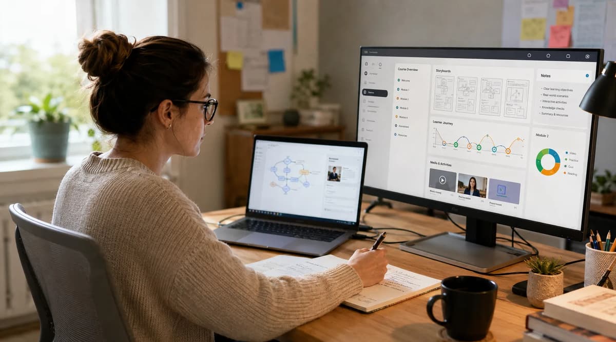 Instructional designer creating an online learning course at a modern home office workstation