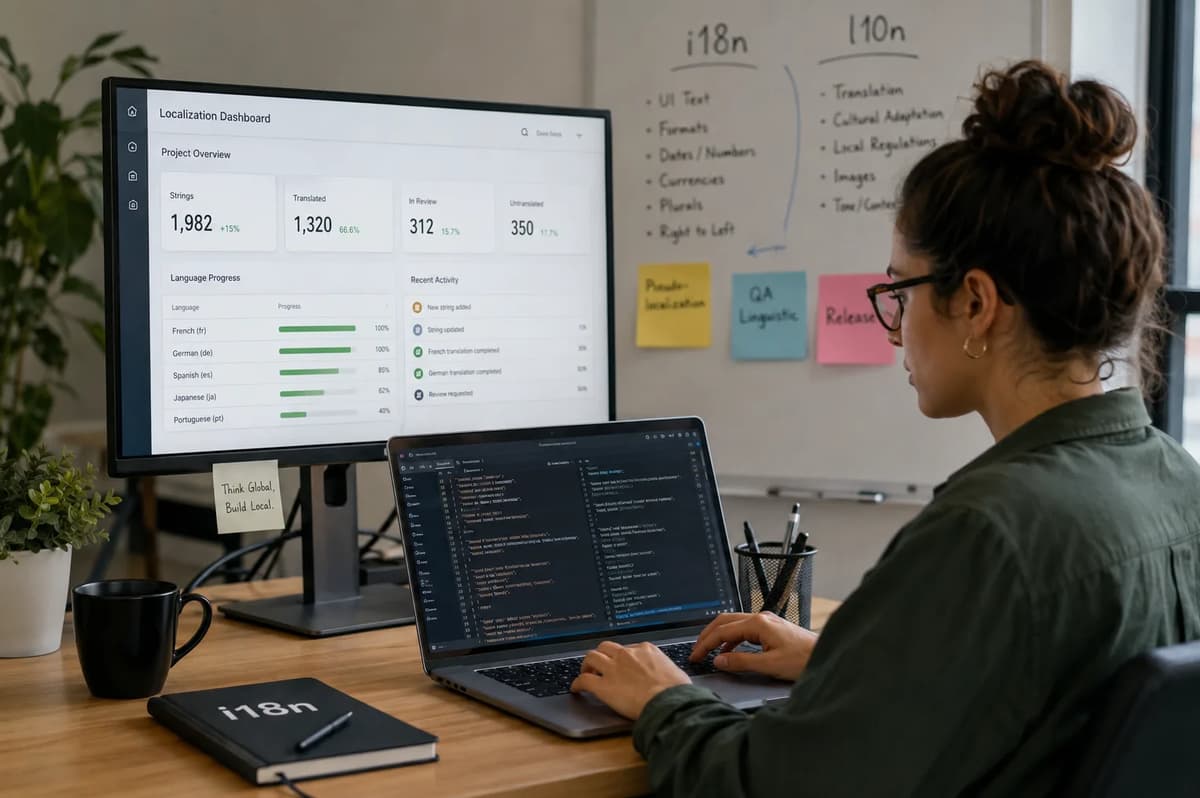Localization engineer working at a desk with code and a multilingual localization dashboard displayed on screen.