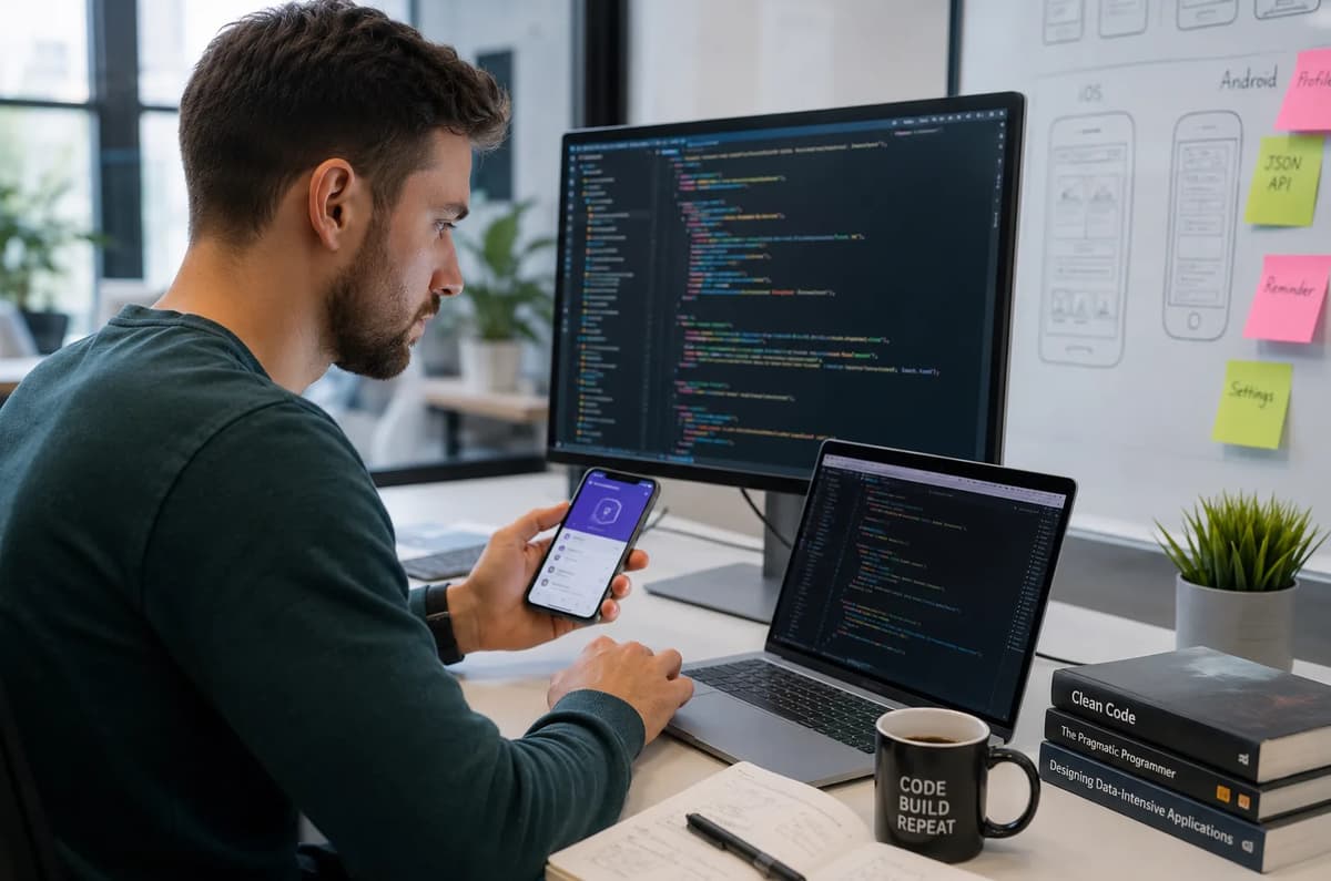 Mobile developer testing a smartphone app while coding on a laptop and desktop monitor