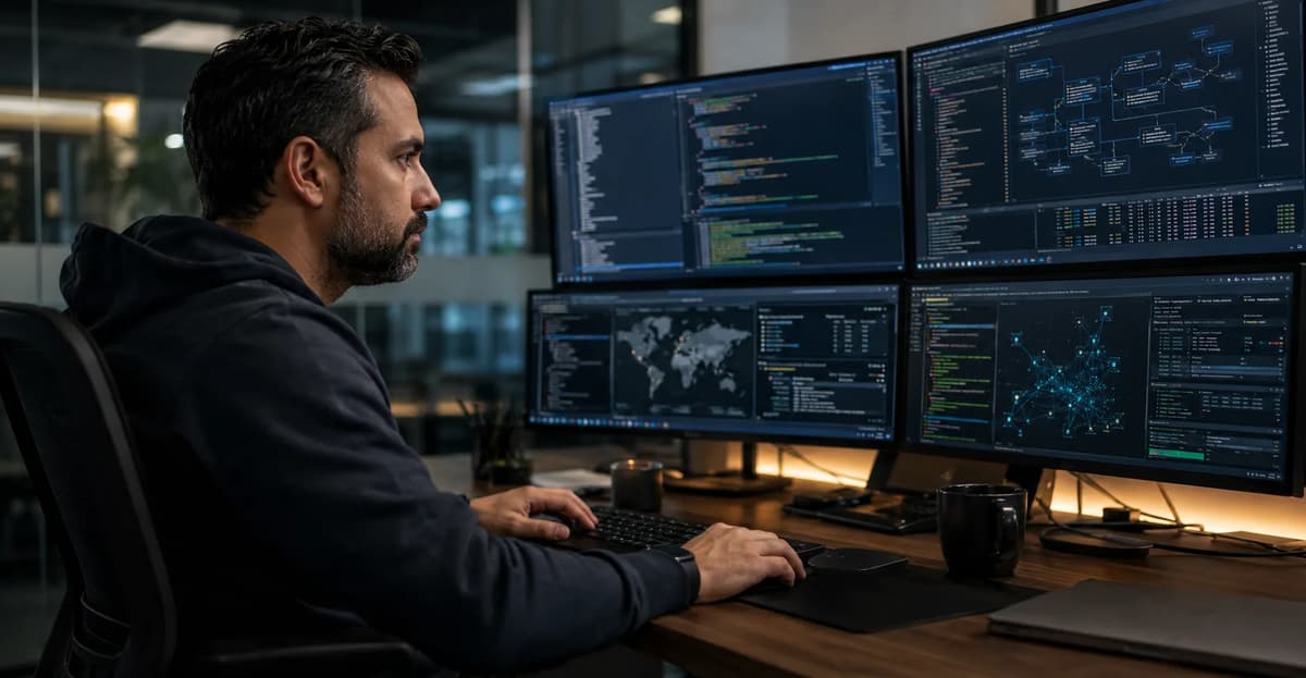 Penetration tester analyzing code, network activity, and security dashboards on multiple monitors in a modern office