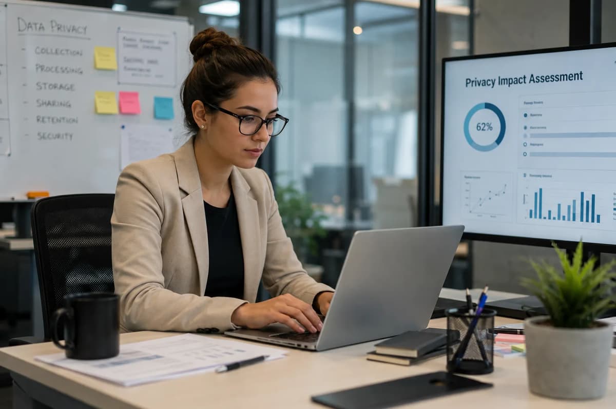Privacy engineer reviewing a privacy impact assessment while working on a laptop in a modern office