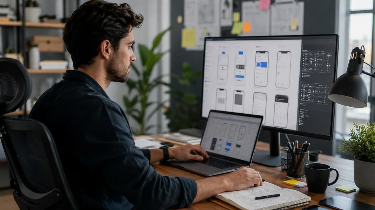 Product designer working on mobile app wireframes in a modern creative workspace