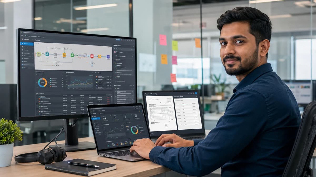 RPA developer building and monitoring automated business workflows on multiple screens in a modern office