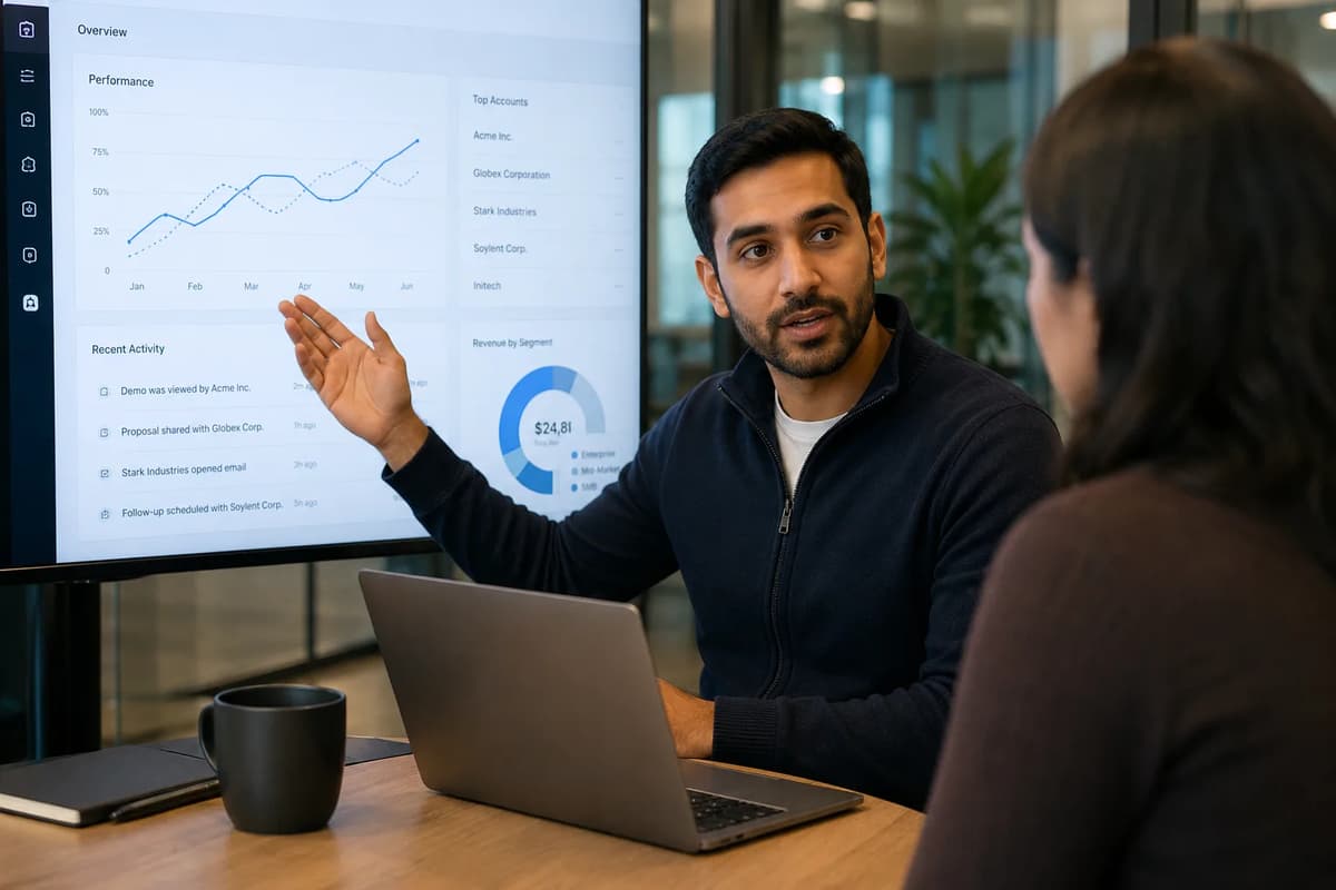 Sales engineer presenting a SaaS analytics dashboard to a prospective client in a modern office