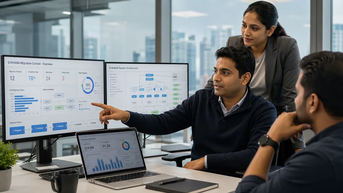 SAP consultants collaborating on an S/4HANA migration strategy in a modern office