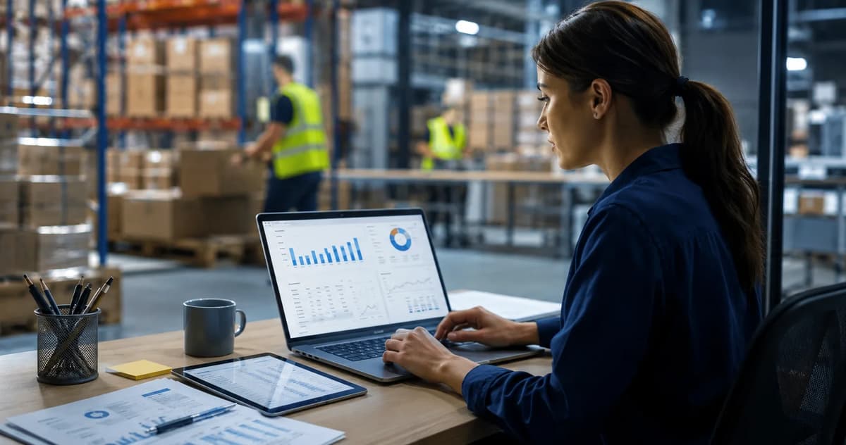 Supply chain analyst reviewing inventory and forecasting dashboards in a modern warehouse office