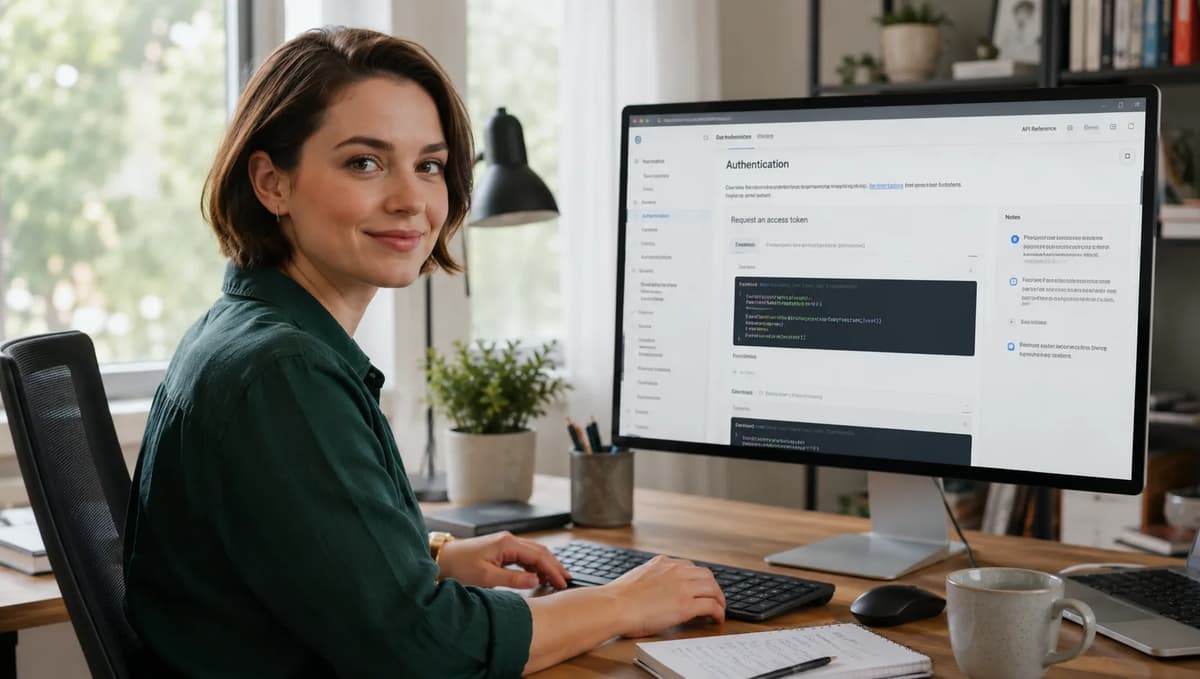 Technical writer reviewing API documentation at a computer in a modern home office